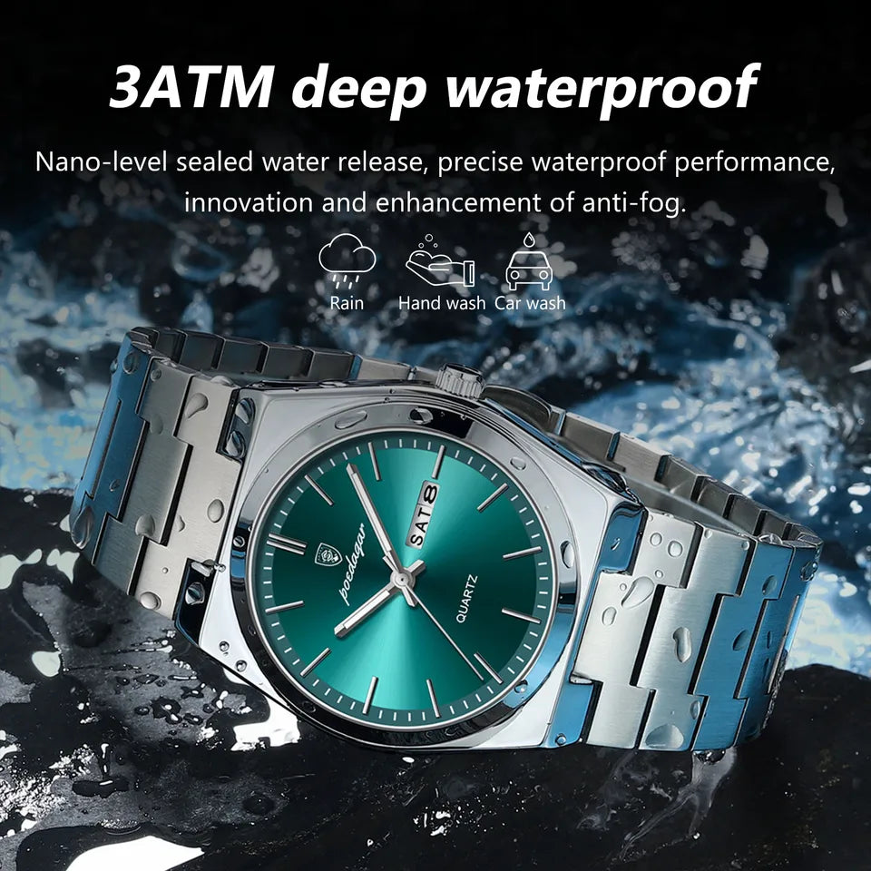POEDAGAR Luxury Men's Watches Waterproof Luminous Date Week Men Watch Stainless Steel Casual Fashion Quartz Man Wristwatch Reloj